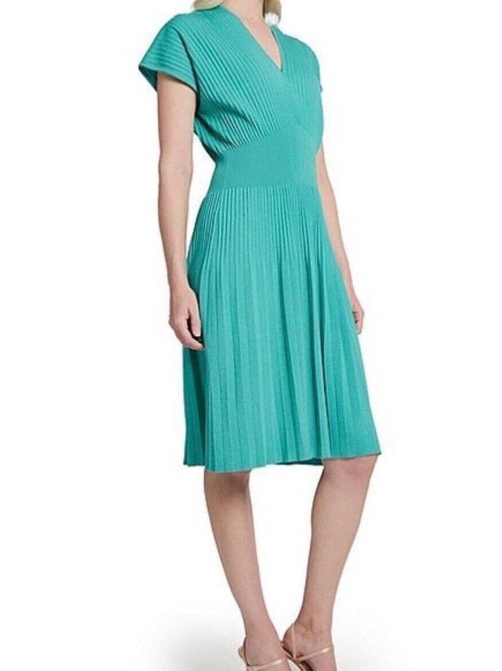 Ming Wang Teal Pleated V‑Neck A‑Line Dress